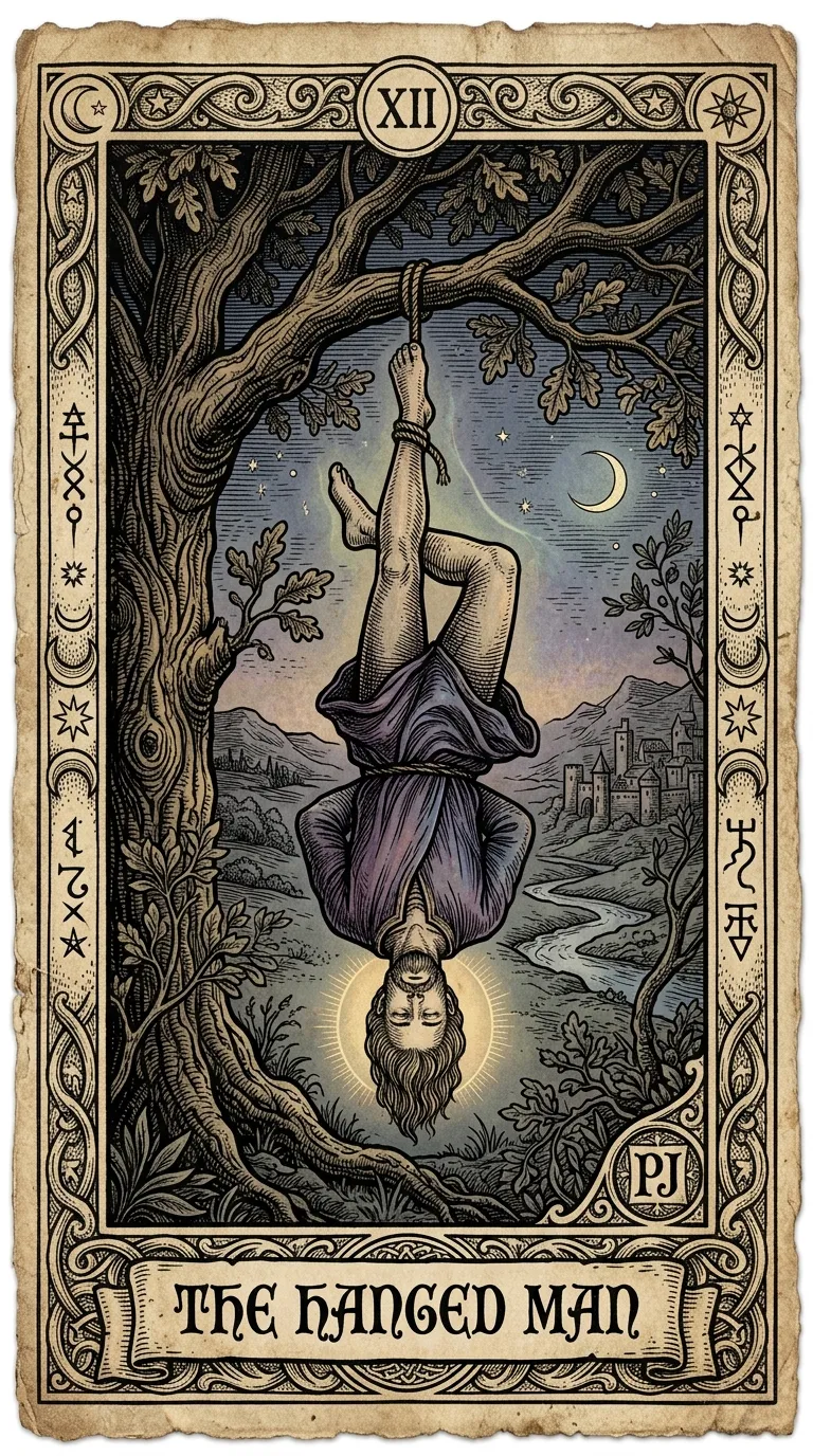 The Hanged Man tarot card illustration