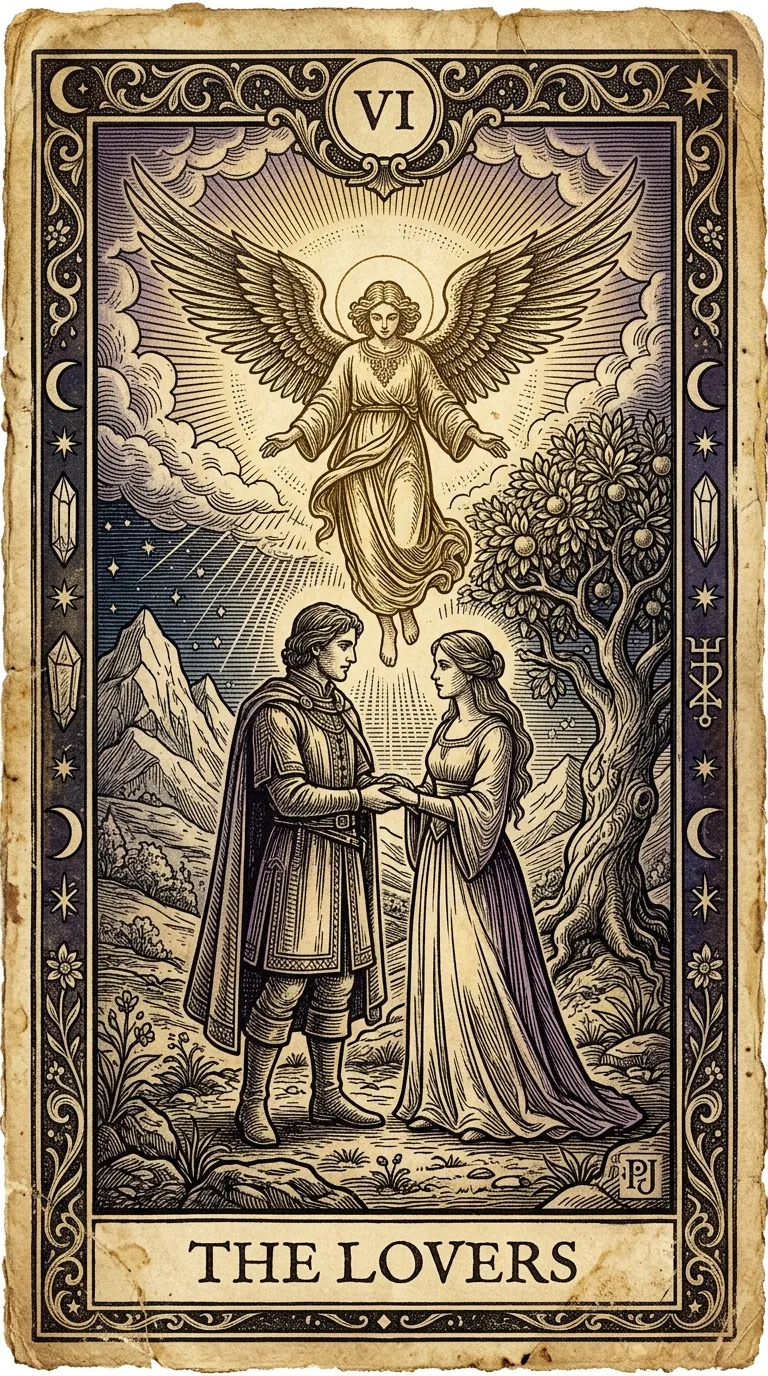The Lovers tarot card illustration
